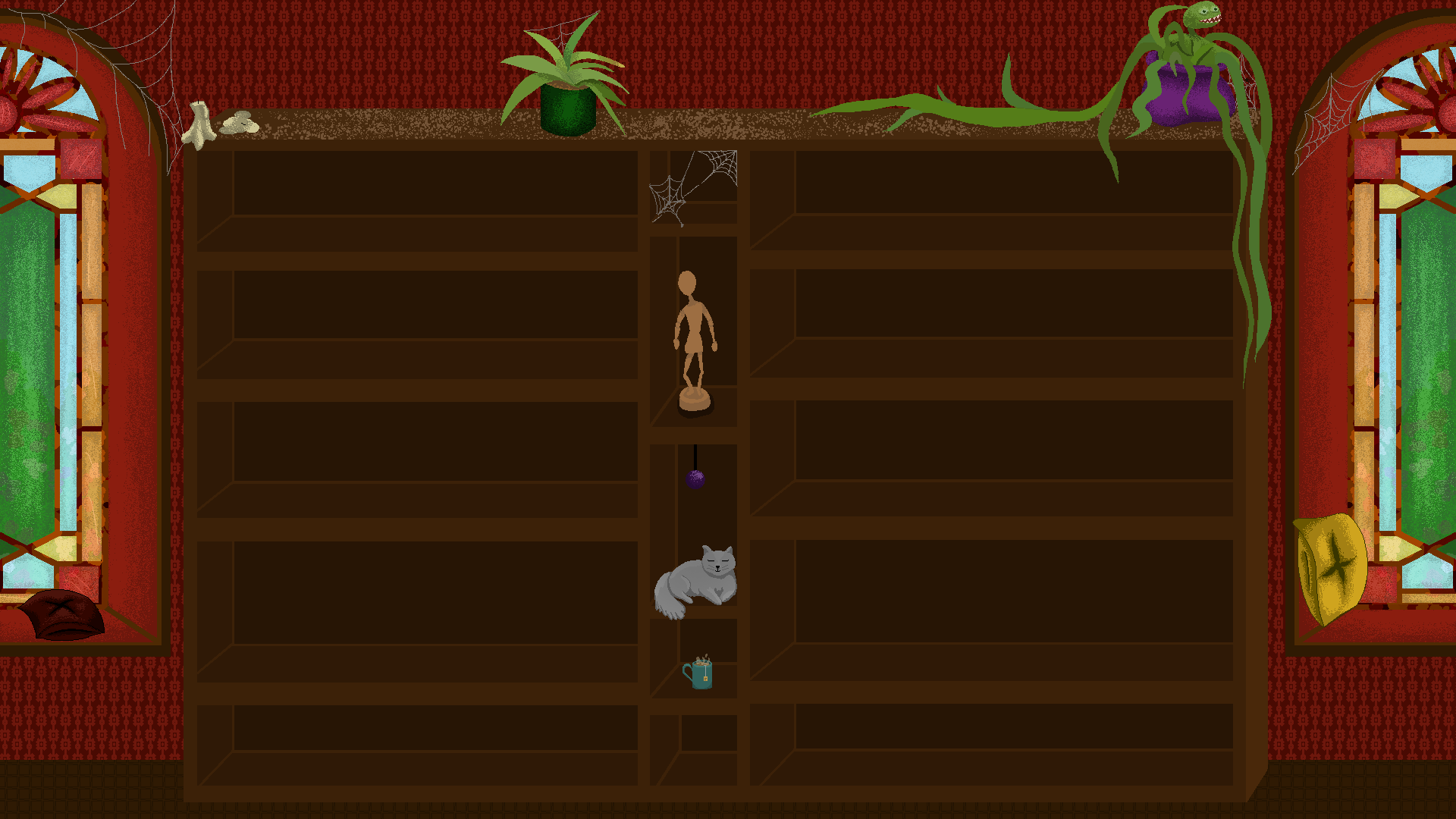 A library with two big book-shelves in the middle.
            there's two symmetrical stained glass windows on the left
            and right, each with a little pillow in their respective 
            windowsills.
            There's a few plants on top of the book-cases, as well
            as some decorations here and there, including a statuette
            of a human, a cup of tea, and a cat.